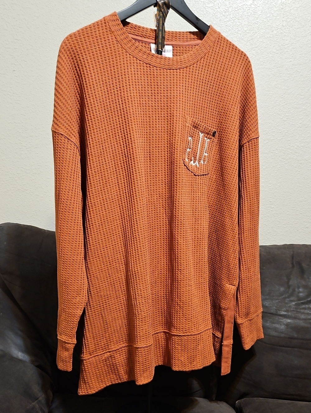 Waffle Knit Tunic Sweater in Rust with Chest Pocket - Women's Long Sleeve